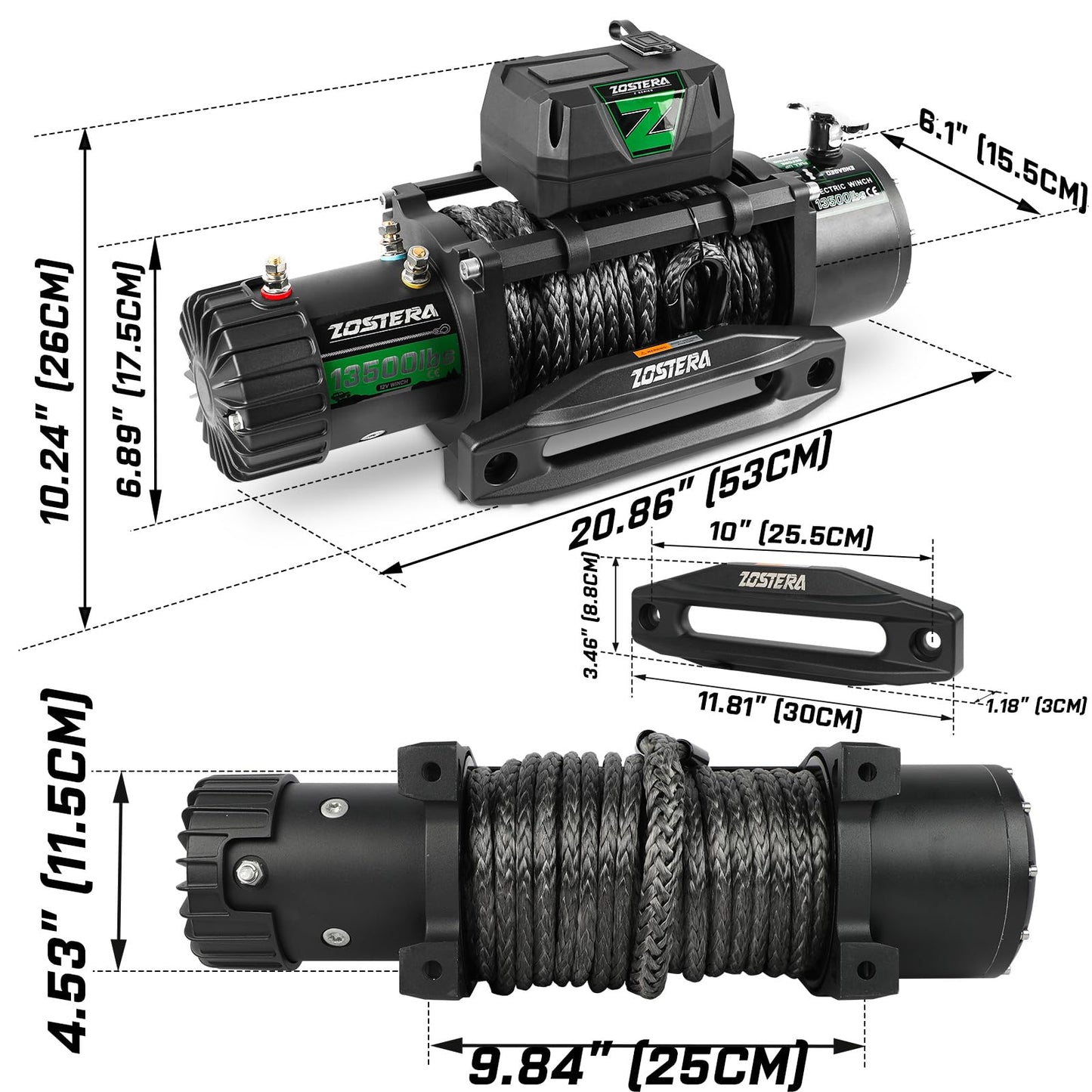 3500lbs ATV/UTV Winch with Synthetic Rope, Electric Boat Trailer Winch 12V, Waterproof Winch with 2 Wireless Remotes &Wired Switch,with Mounting Plate,Pulley,Rope Damper,Aluminium Fairlead