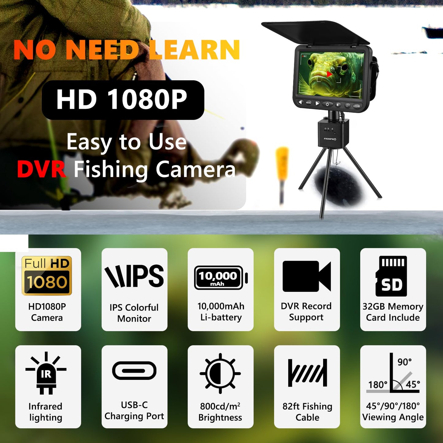 (2025 Upgrade) NO.1 HD 1080P Underwater Fishing Camera, FishPRO® 7'' Camera w/10,000mAh Li-Battery, IR & LED for Dark, USB-C, Portable Fish Finder Camera, 25m/82ft, for Ice Night & Lake Fishing
