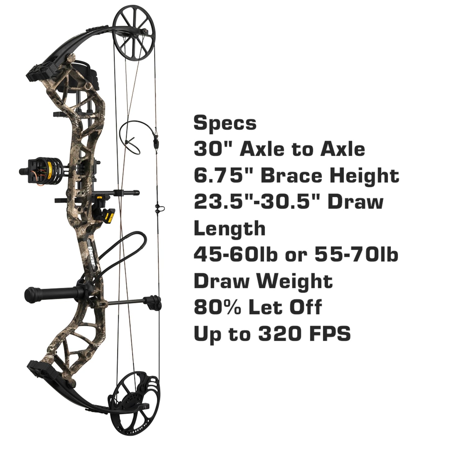Bear Archery Species EV Ready to Hunt Adult Compound Bow Package, 23.5”- 30.5” Draw Length, 55-70 and 45-60 Lbs Draw Weight, Up to 320 FPS, Made in USA, Limited Life-Time Warranty