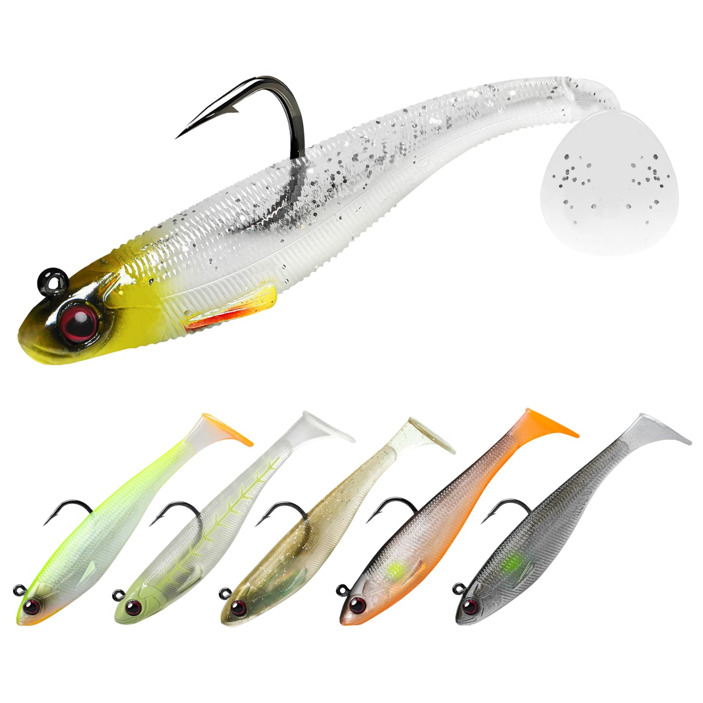 TRUSCEND Easy Catch Pre-Rigged Soft Lures, Vibrating Swim Action, Trembly Sinking Move, Amazing Soft Swimbait for Family Fishing, Well-Made Fishing Lures for Bass Trout Crappie Walleye Pike Redfish
