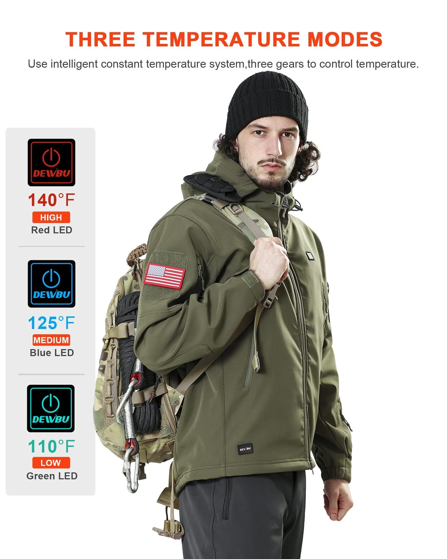 DEWBU Heated Jacket for Men with 12V Battery Pack Winter Outdoor Soft Shell Electric Heating Coat