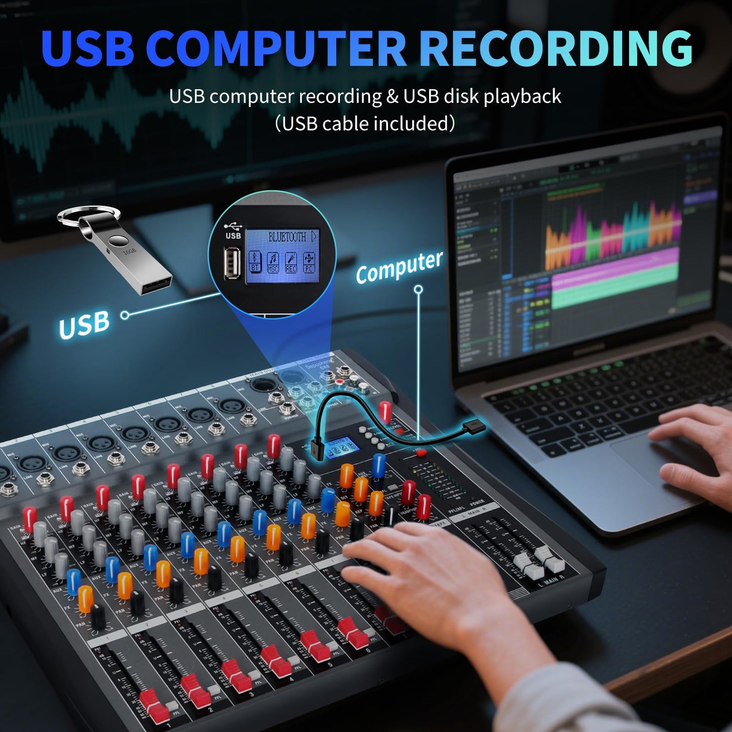 Depusheng DX8 Professional Mixer Sound Board Console 8 Channel Desk System Interface Digital USB MP3 Input 48V Phantom Power Stereo DJ Studio FX Steel Chassis,Black Bluetooth USB Audio Mixer for PC