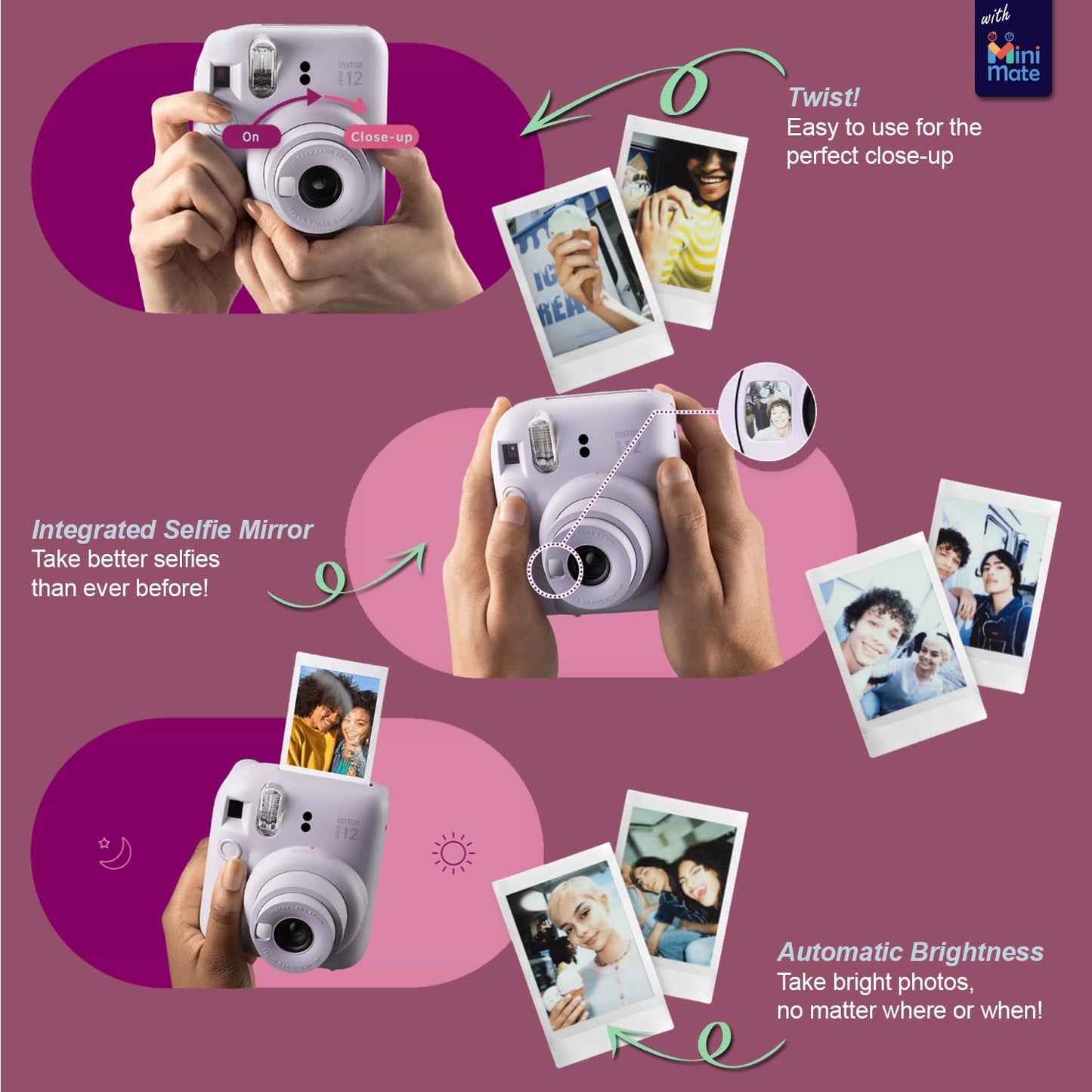 Fujifilm Instax Mini 12 Instant Camera + MiniMate Accessory Bundle & Compatible Custom Case + Fuji Instax Film Value Pack (50 Sheets) Flamingo Designer Photo Album (Pastel Blue)
