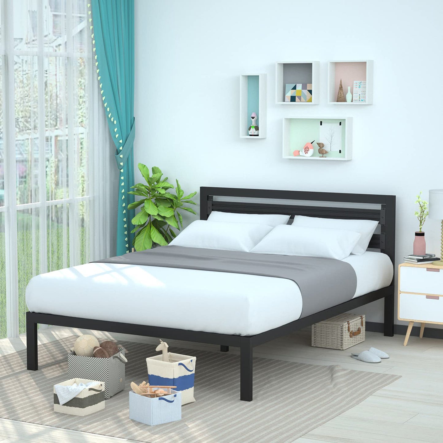 Amazon Basics Industrial Metal Bed Frame with Modern Headboard and Wood Slat Support, 14 Inches High, No Box Spring Needed, Noise-Free, Easy Assembly, Under Bed Storage, Queen Size, Black