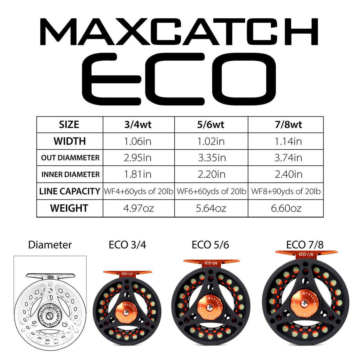 M MAXIMUMCATCH Maxcatch ECO Large Arbor Fly Fishing Reel (3/4wt 5/6wt 7/8wt) and Pre-Loaded Fly Reel with Line Combo