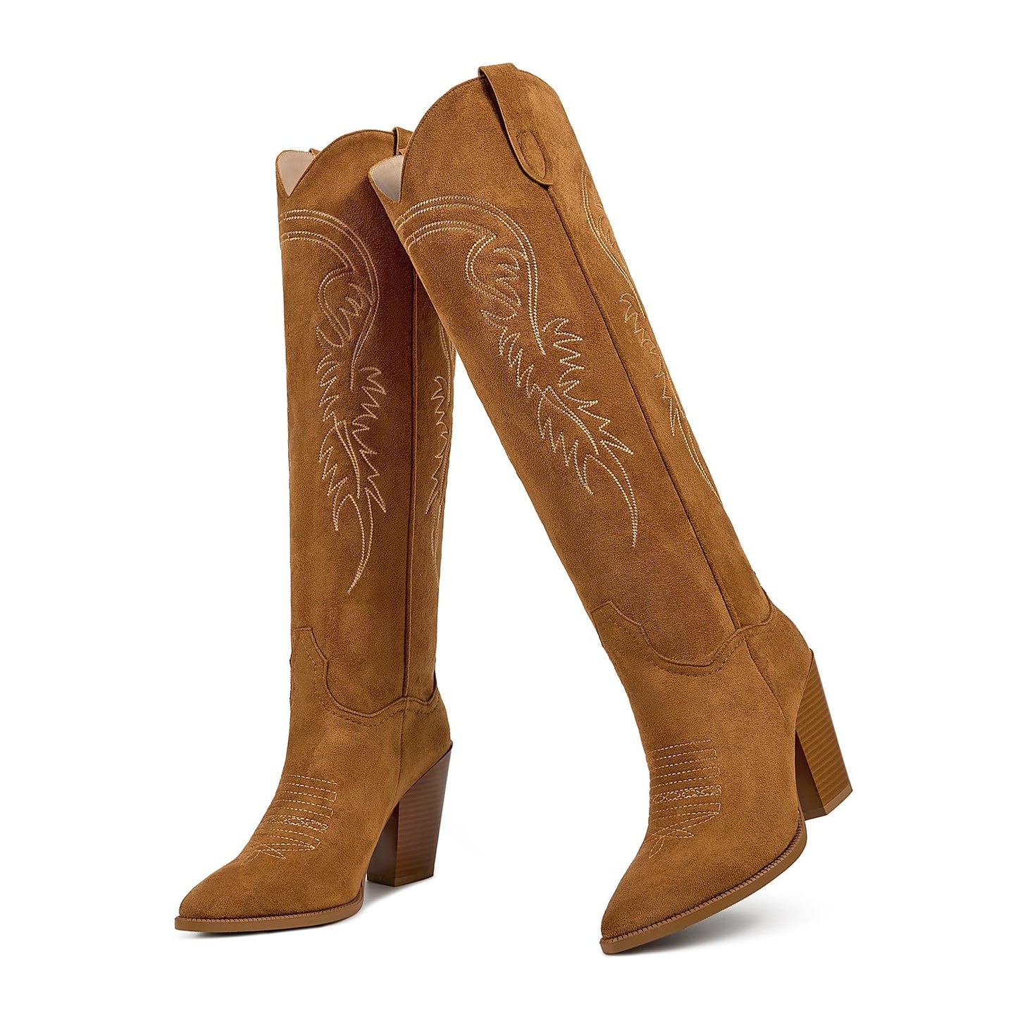 ISNOM Women's Cowgirl Boots Pull On Knee High Boots, Cowboy Western Embroidered Chunky Block Heel Pointed Toes Boots