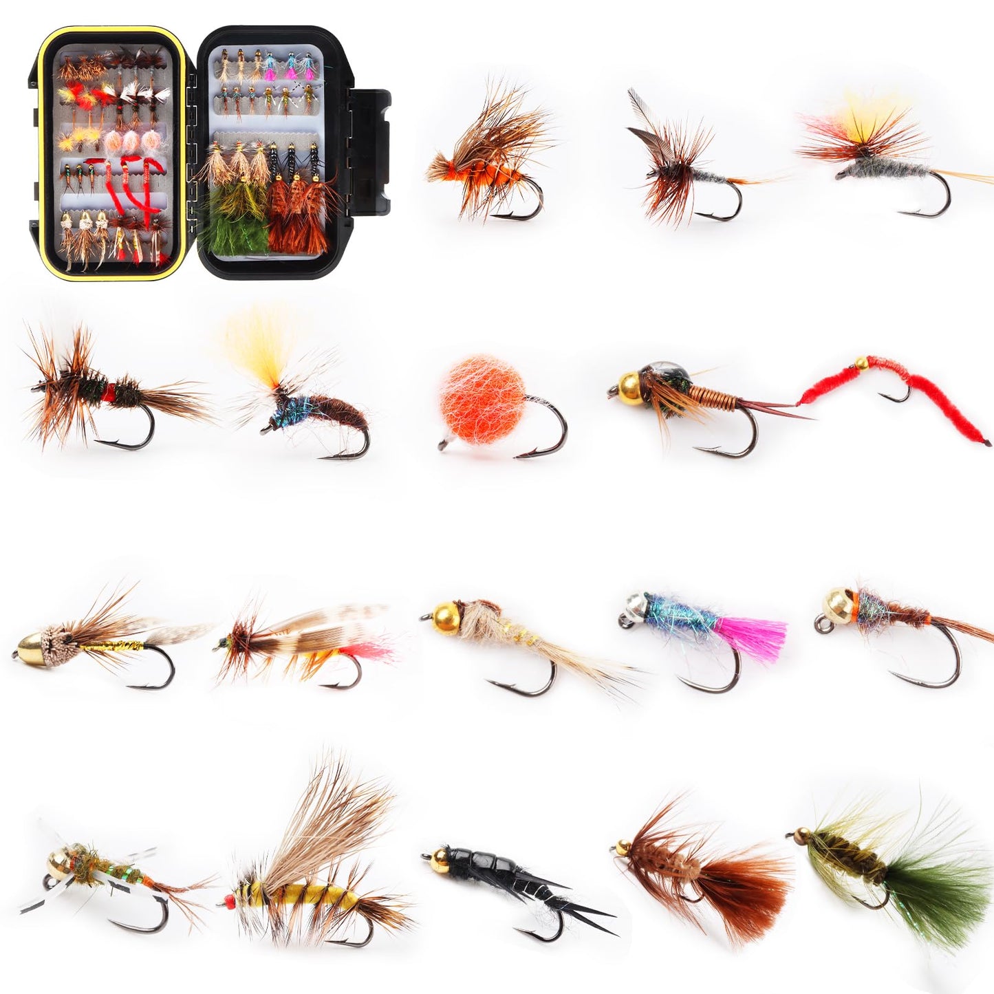 Fly Fishing Flies Assortment Kit Dry Wet Nyphms Tenkara Popper Streamer Woolly Bugger for Trout Bass Salmon Steelhead with Fly Box