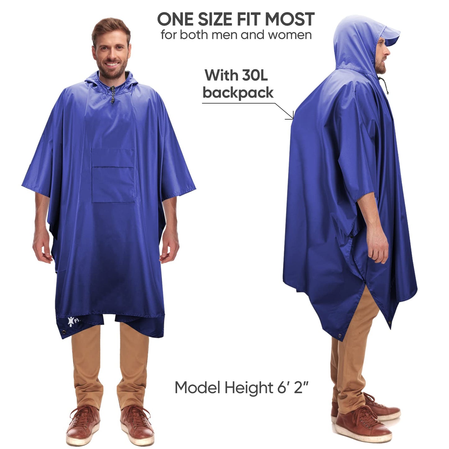 PTEROMY Hooded Rain Poncho for Adult with Pocket, Waterproof Lightweight Unisex Raincoat for Hiking Camping Emergency