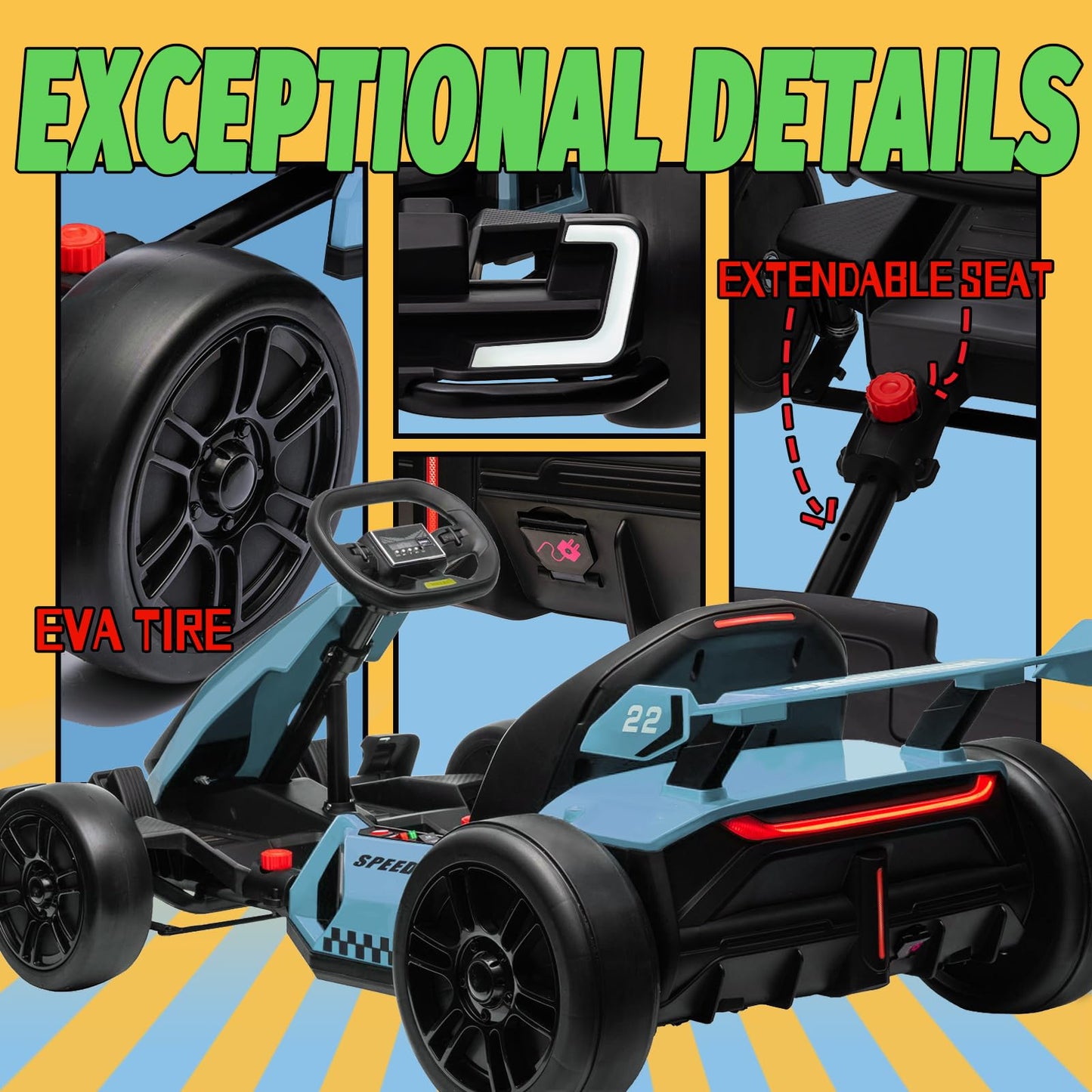Kerry Yoo Go Kart Electric Drift Kart Car with Adjustable Seat, 24V Outdoor Ride on Toy with 4 Speed Mode, Crazy Cart for Kids 6-12 Years Old, Fast 300W Motor, 8.5 MPH, LED Lights, Bluetooth - Red