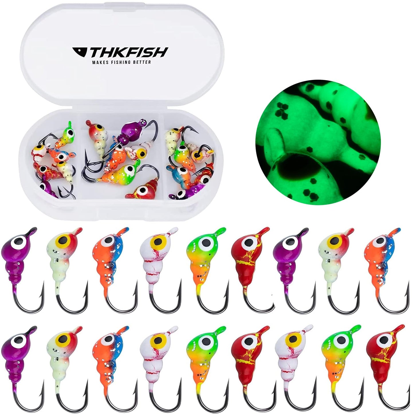 THKFISH Ice Fishing Jigs Kit, Jigs Heads for Ice Fishing Gear, Ice Fishing Lures for Panfish, Crappie, Walleye, Perch, Trout and Bluegill 18/40/70pcs
