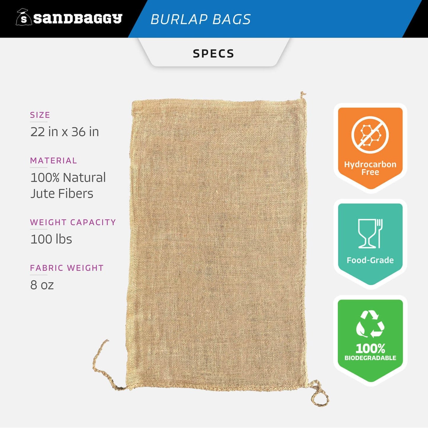 Burlap Bags for Vegetables & Gardening, 22" X 36"- Jute Sacks Perfect for Kids - Plant Covers - Holds Up to 50lbs - Food Grade (Burlap Sack, 100, Count)