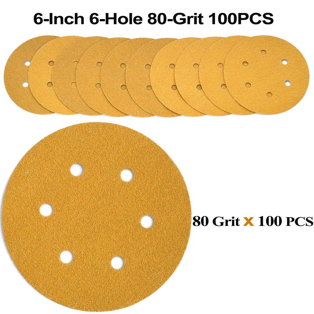 6-Inch 6-Hole Hook and Loop Sanding Discs 600-Grit, Random Orbital Sandpaper for Automotive and Woodworking, 100-Pack