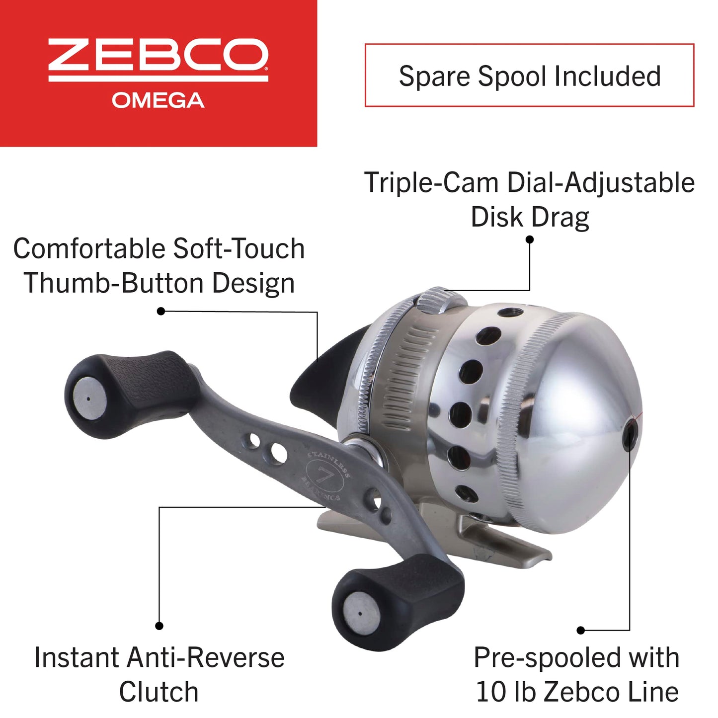 Zebco Omega Spincast Fishing Reel, Size 30 Reel, Changeable Right or Left-Hand Retrieve, Pre-Spooled with 10-Pound Zebco Fishing Line, Aluminum and Double Anodized Front Cover, Silver