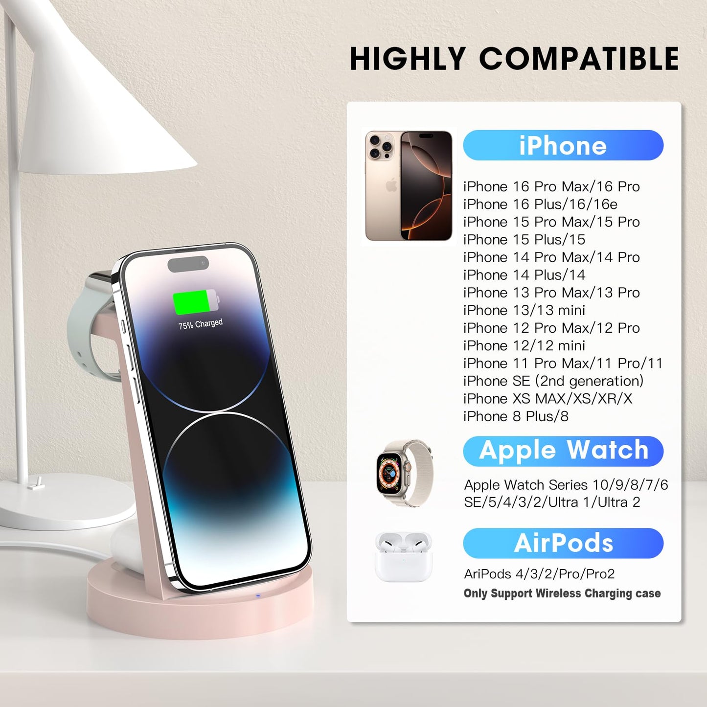 3 in 1 Charging Station for iPhone, Wireless Charger for iPhone 16e 16 15 14 13 12 11 X Pro Max & Apple Watch - Wireless Charging Station for AirPods 4 3 Pro