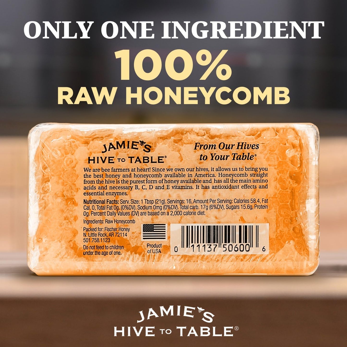 Jamie's Hive To Table 100% Raw Honeycomb, 12 Oz – All-Natural Pure Georgia Honeycomb, No Additives or Preservatives, Non-GMO