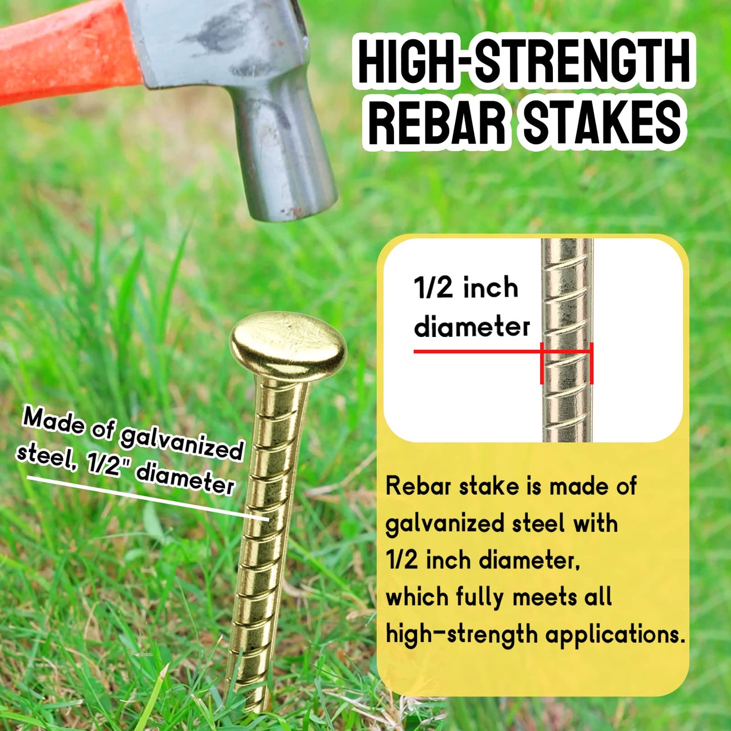 16 Inch Rebar Stakes - 1/2 Inch Diameter Galvanized Steel Ground Anchors - Heavy Duty Plant Support Garden Stake for Speed Bump, Wheel Stop, Tent (6 Pack)