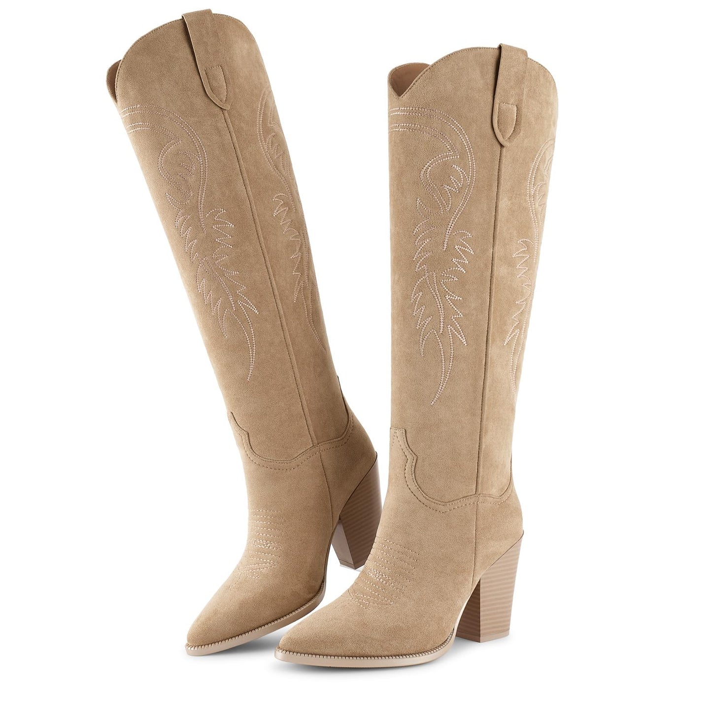 ISNOM Women's Cowgirl Boots Pull On Knee High Boots, Cowboy Western Embroidered Chunky Block Heel Pointed Toes Boots