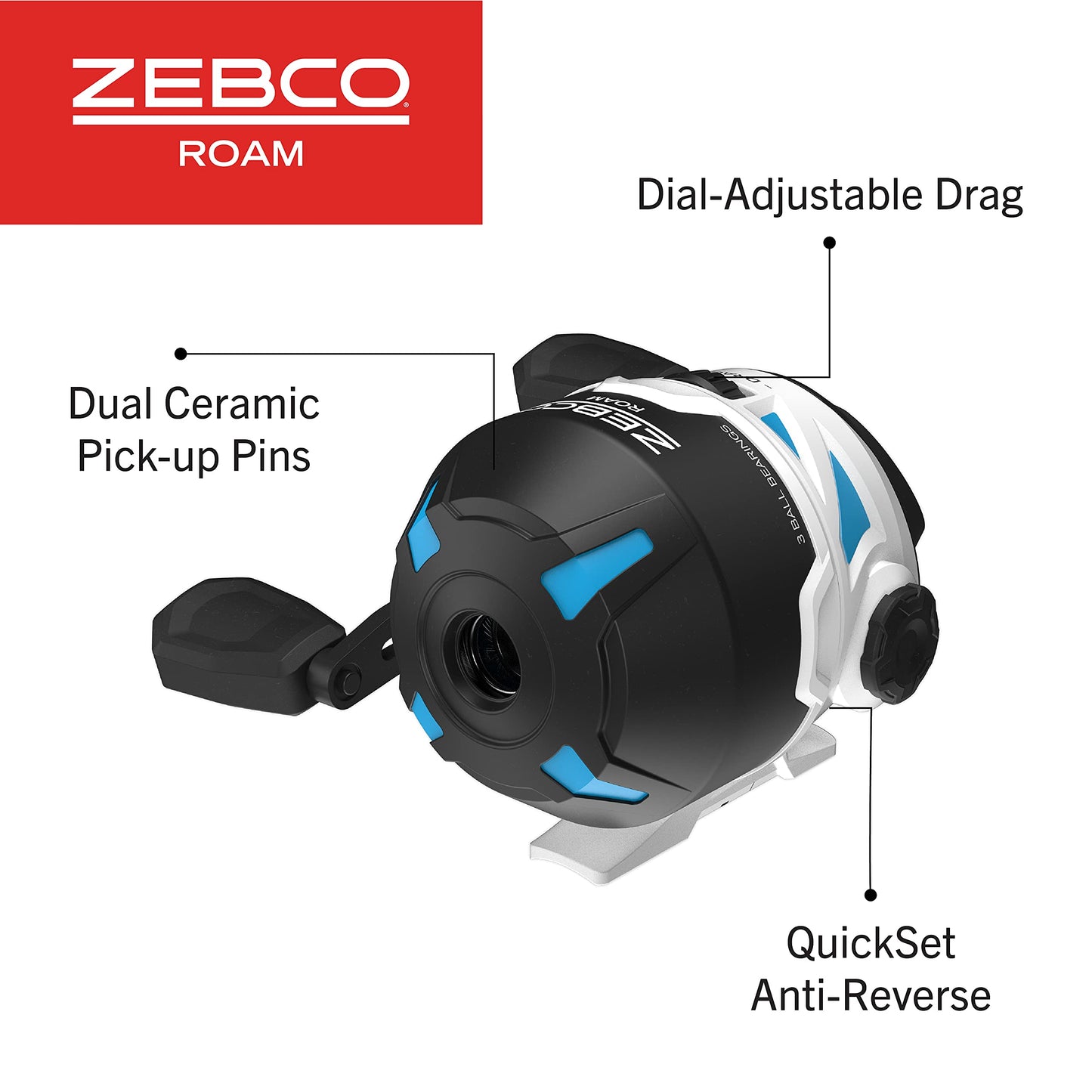 Zebco Roam Spincast Fishing Reel, Size 30 Reel, Right or Left-Hand Retrieve, Pre-Spooled with 10-Pound Zebco Fishing Line, Blue