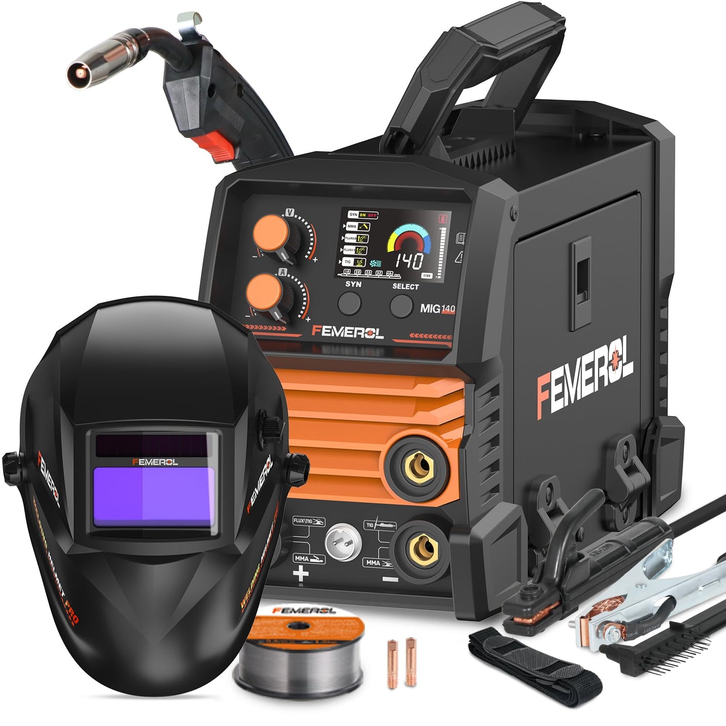 140A 3 in 1 MIG Welder,Flux Core, MIG/Lift TIG/Stick Welding Machine 110V Portable IGBT Inverter Synergic Control, LED Display with Welding Helmets