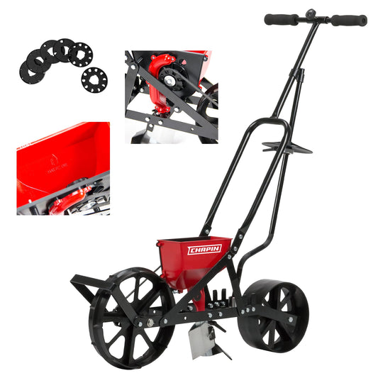 Chapin 8701B Garden Push Seeder Planter with 6 Seed Plates for up to 20 Varieties of Seeds, Zinc Plow Blade, Row Marker, Powder Coated Steel Frame, Red/Black