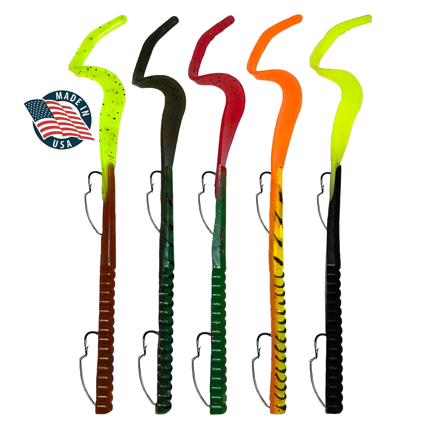 Delong Lures Fishing Lures Bass Set, 10" Pre-Rigged Weedless Swim Bait, Twister Tail Bass Fishing Lures, Extra Durable Soft Plastic Baits for Freshwater - 5 pcs Bass Baits and Lures Pack, Made in USA