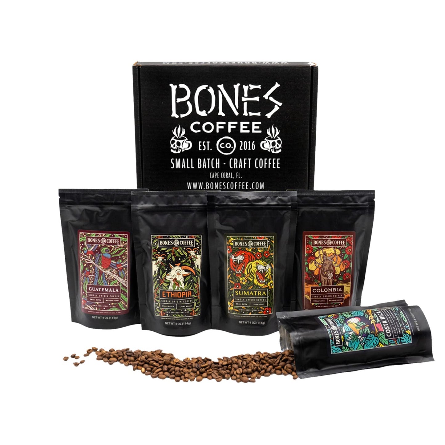Bones Coffee Company World Tour Coffee Gift Set, 5 Packs Flavored Coffee, Medium Roast Low Acid, 4 Oz Ground