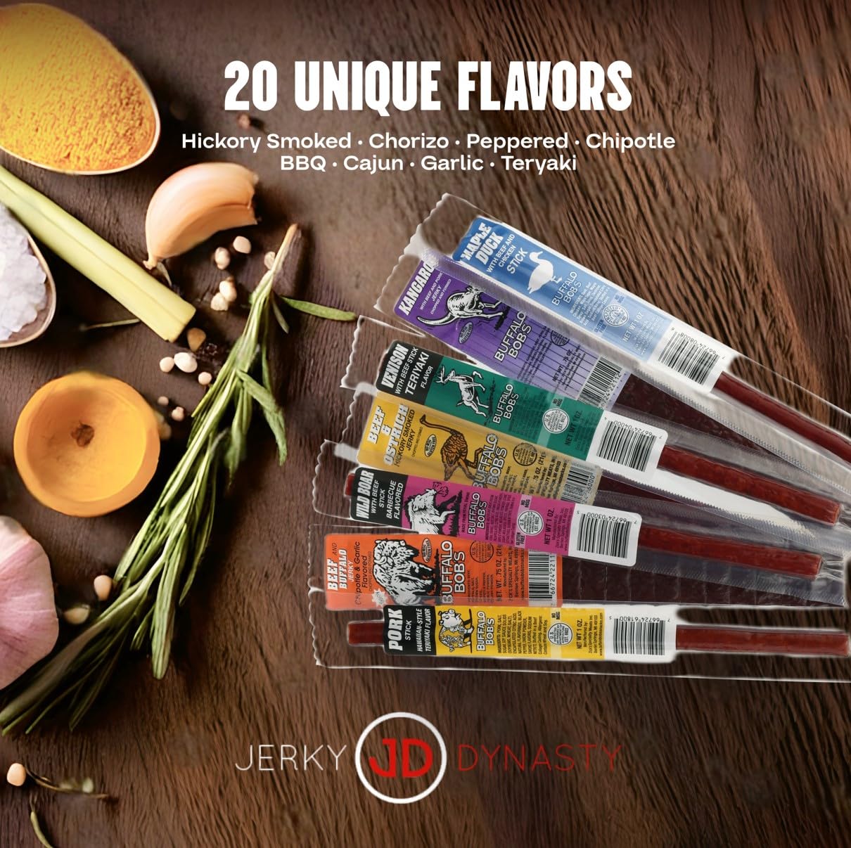 Buffalo Bob's Exotic Jerky Set- Staff Favorite 20 Piece Assortment: Alligator, Buffalo, Venison, Wild Boar, Duck, Elk - BBQ, Cajun, Peppered, Teriyaki