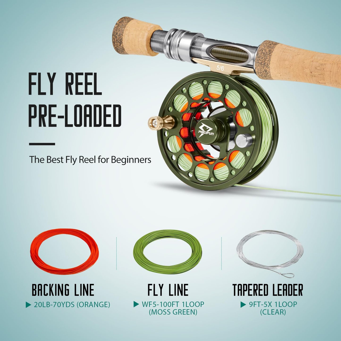 Piscifun Sword Fly Fishing Reel with Line, Pre-Loaded CNC-Machined Aluminum Alloy Fly Reel, Light Weight and Corrosion Resistance Design, 5/6wt Olive Green