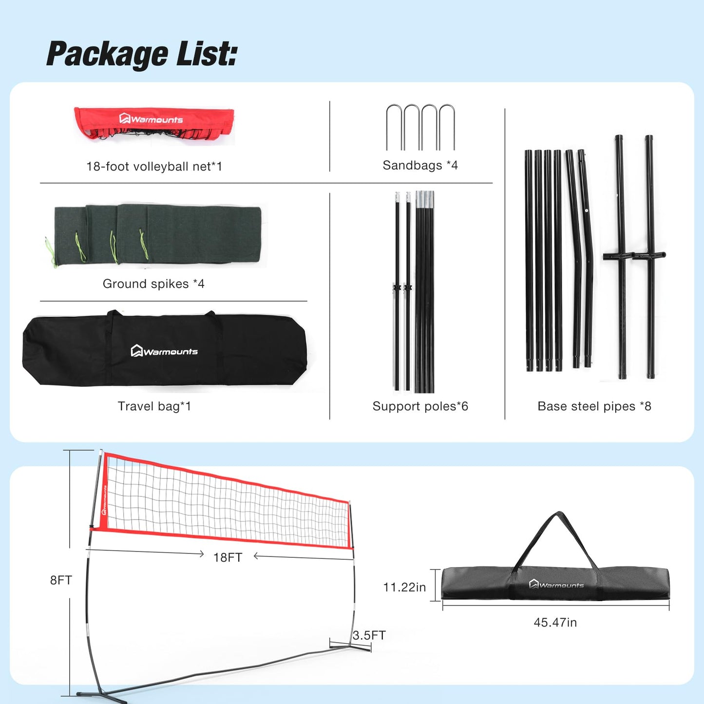 WARMOUNTS 18 FT Portable Volleyball Net for Backyard, Freestanding Volleyball Net with Height Adjustable & Easy Setup, Outdoor Volley Ball Practice for Hitting or Serving, Carry Bag