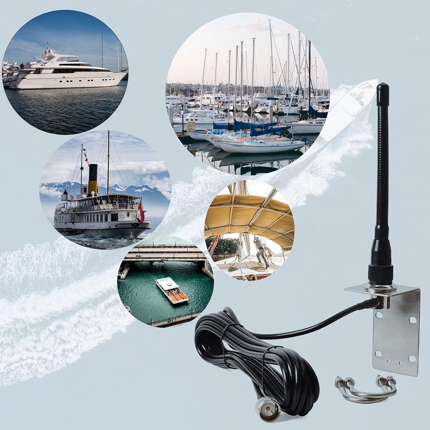 HYS VHF Marine Antenna Low-Profile 156-163MHz with 16.4ft(5m) RG58 Low Loss Premium Coaxial Cable with PL259