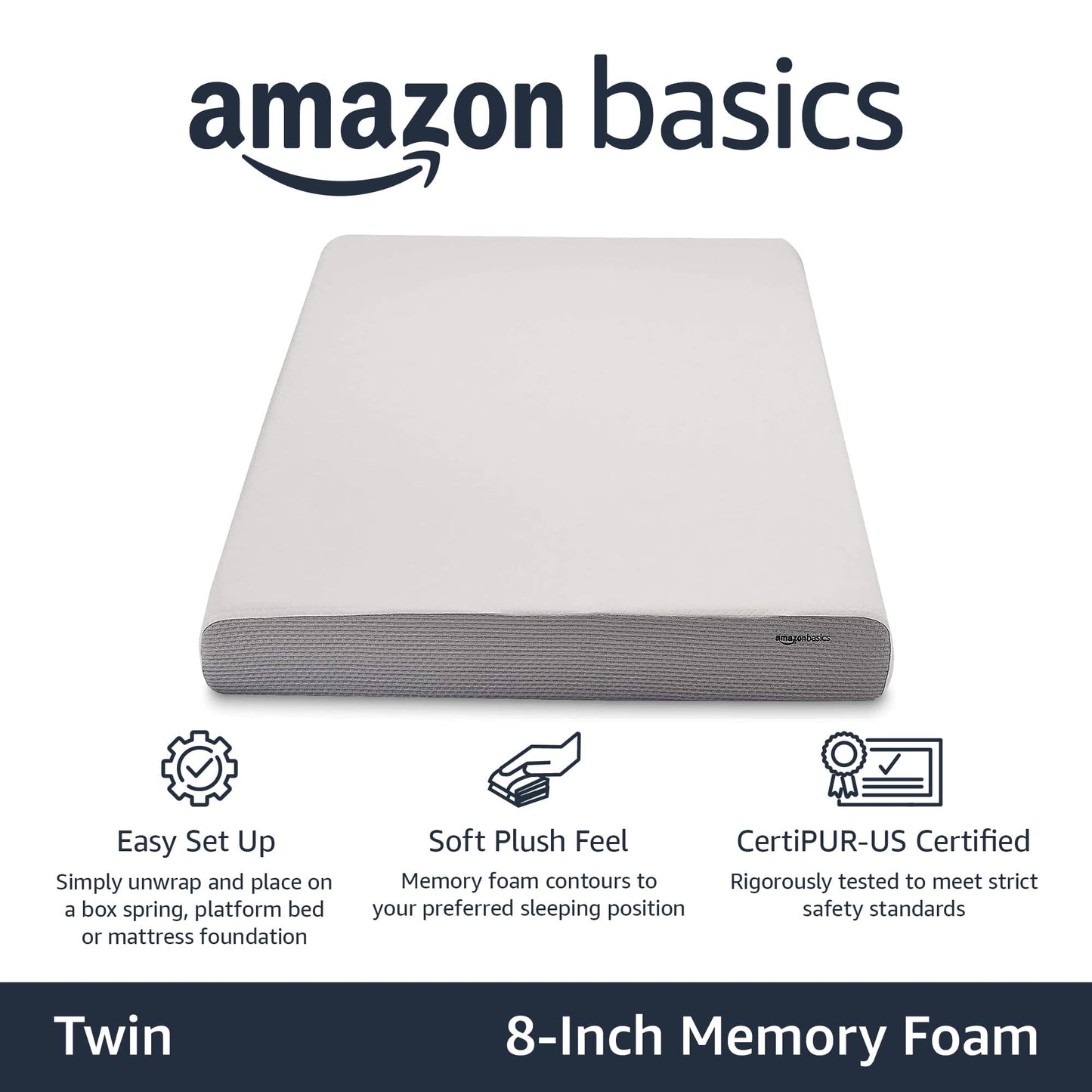 Amazon Basics Memory Foam Mattress, Soft Plush Feel, Breathable, Contours to Body, 8 Inch, Twin, White/Grey