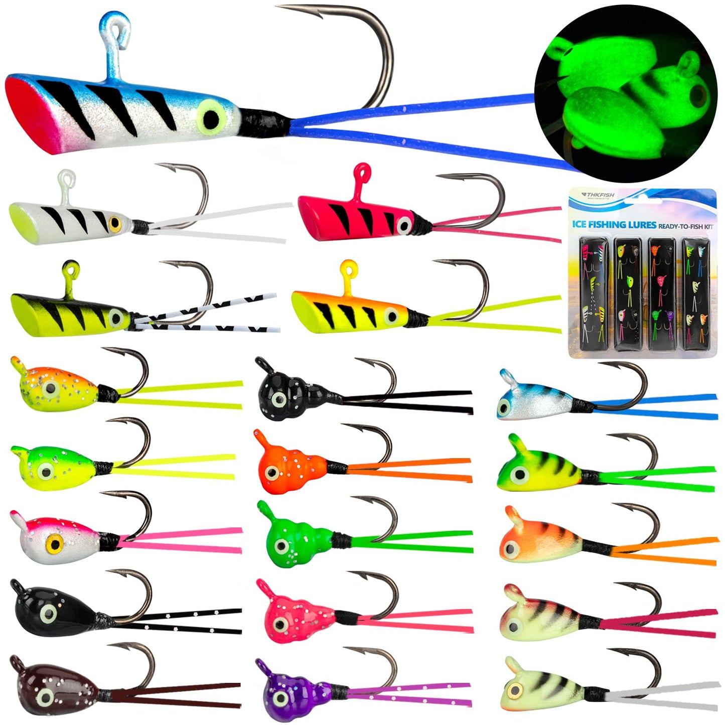 THKFISH Ice Fishing Jigs Kit, Jigs Heads for Ice Fishing Gear, Ice Fishing Lures for Panfish, Crappie, Walleye, Perch, Trout and Bluegill 18/40/70pcs