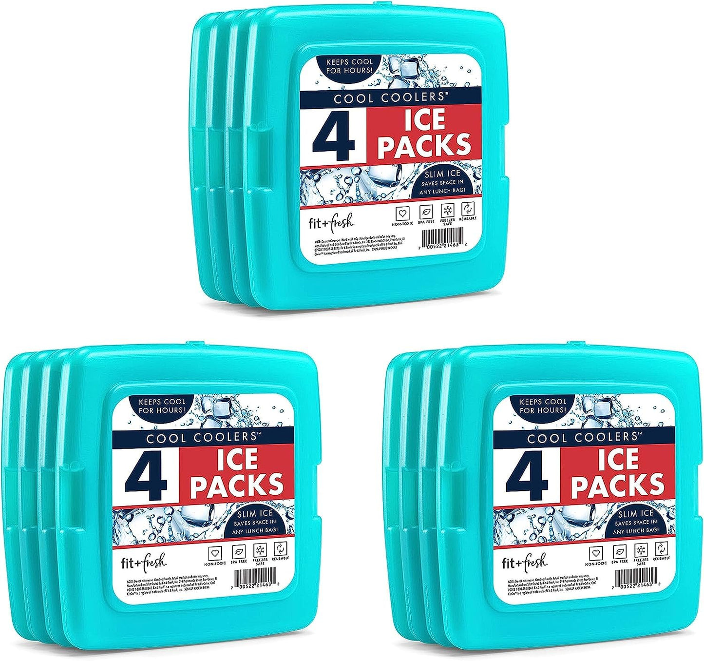 Cool Coolers by Fit & Fresh 4 Pack Slim Ice Packs, Quick Freeze Space Saving Reusable Ice Packs for Lunch Boxes or Coolers, Multi Colored