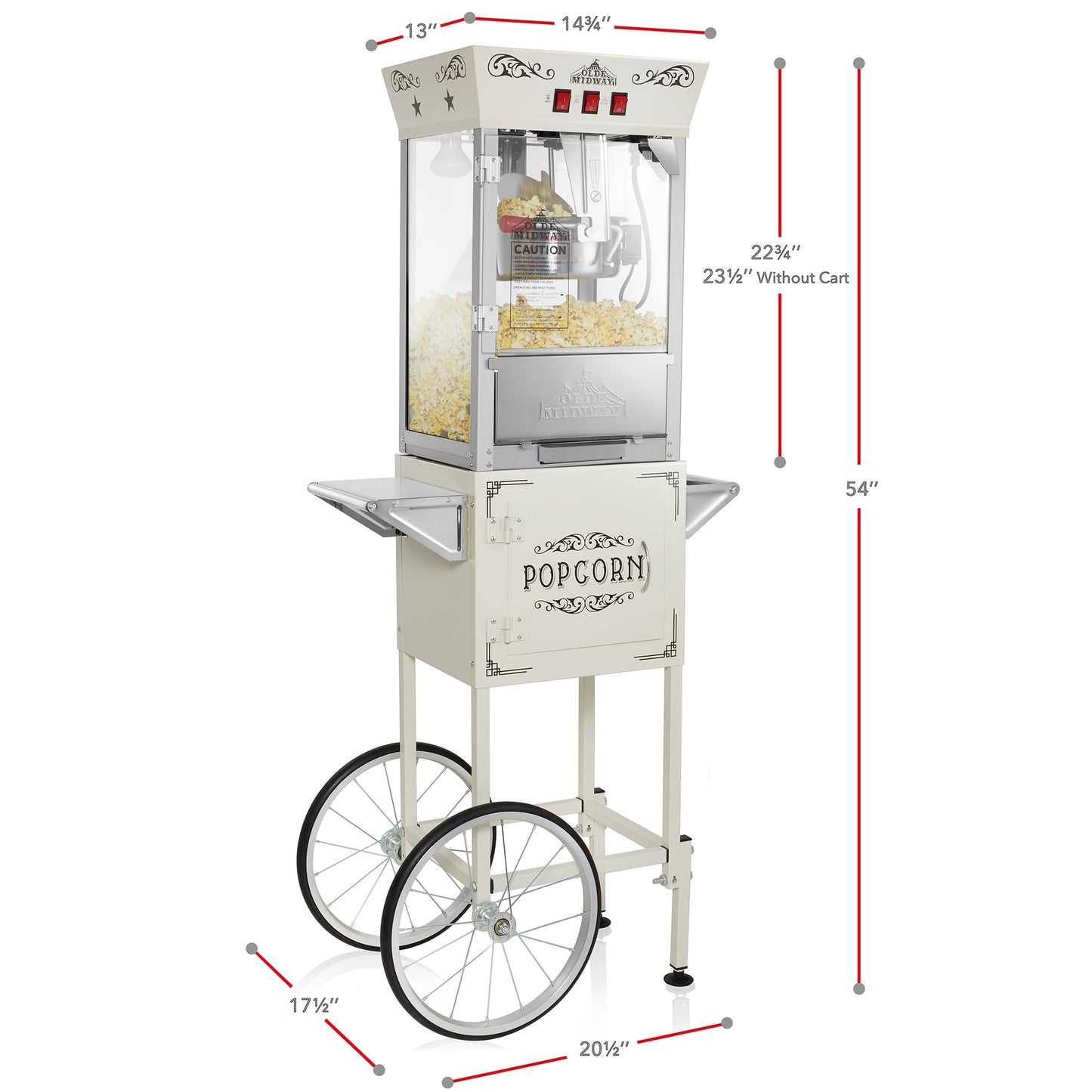 Olde Midway Movie Theater-Style Popcorn Machine Maker with Cart and 10-Ounce Kettle - Red, Vintage-Style Popper on Wheels