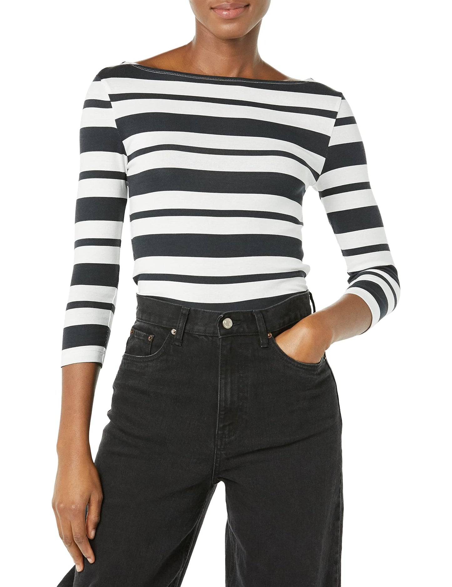 Amazon Essentials Women's Slim-Fit 3/4 Sleeve Boat Neck Cotton Modal Micro Rib T-Shirt