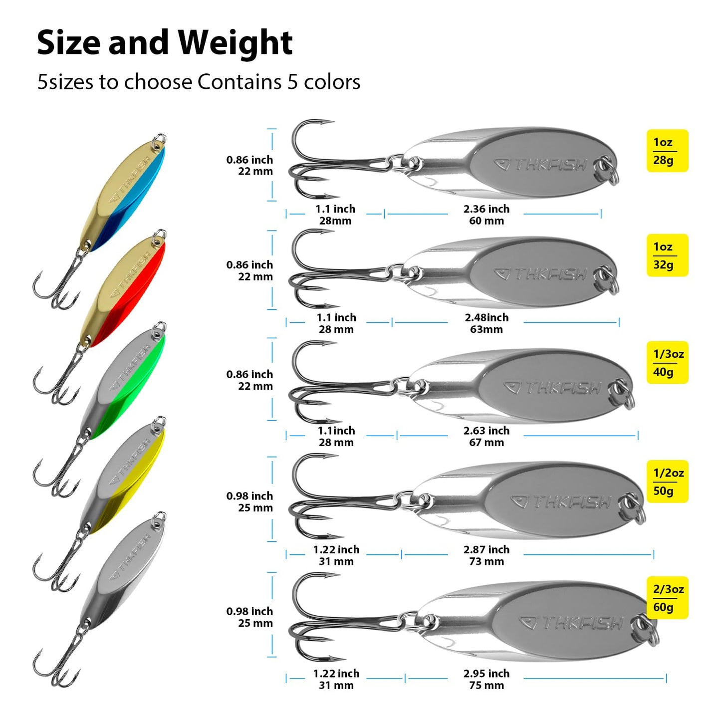 THKFISH Fishing Lures Trout Lures Fishing Spoons Lures for Trout Pike Bass Crappie Walleye 1/8oz 1/5oz 1/4oz 3/8oz 1/2oz 3/4oz 5pcs