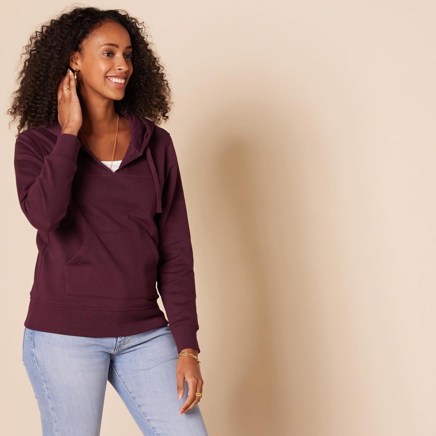 Amazon Essentials Women's Classic-Fit Long-Sleeve V-Neck Hooded Sweatshirt - Discontinued Colors