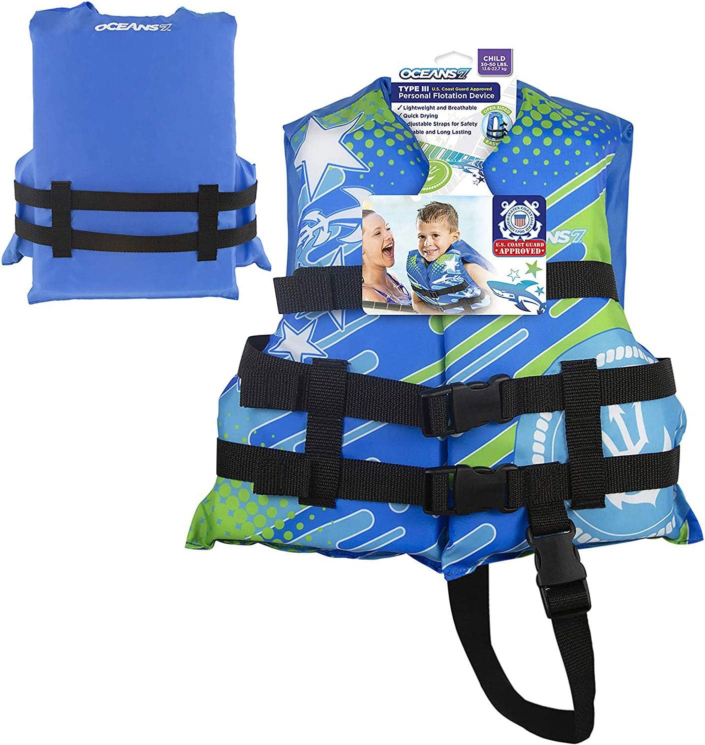 Oceans7 US Coast Guard-Approved, Type III – Kids Life Jacket – Personal Flotation Device with Comfortable Flex-Form-Fit Open-Sided Design – Blue/White