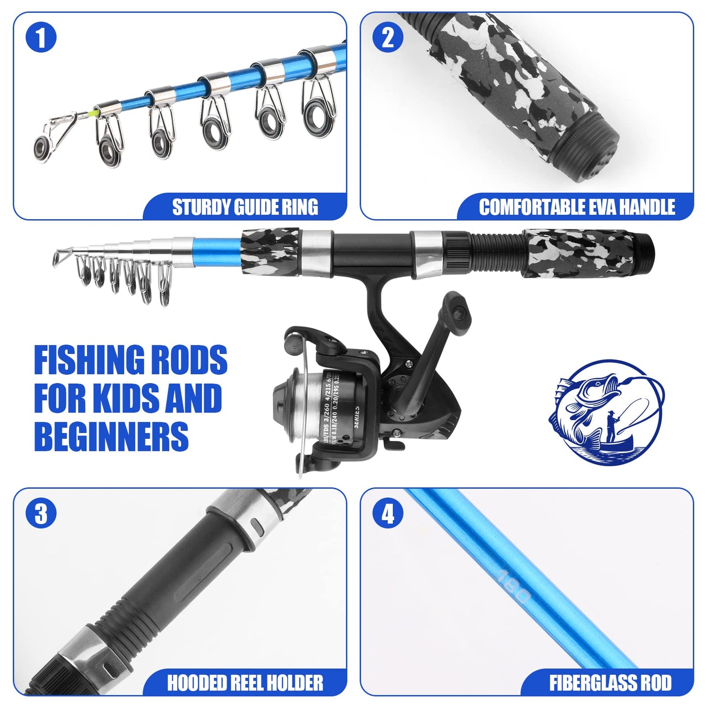 Fishing Rod Reel Combos Collapsible Fishing Rod Kit, 2PCS Telescopic Fishing Pole+2PCS Spinning Reels+Lures Hooks+Tackle Bag+Fishing Accessories Full Combo for Kids Youth