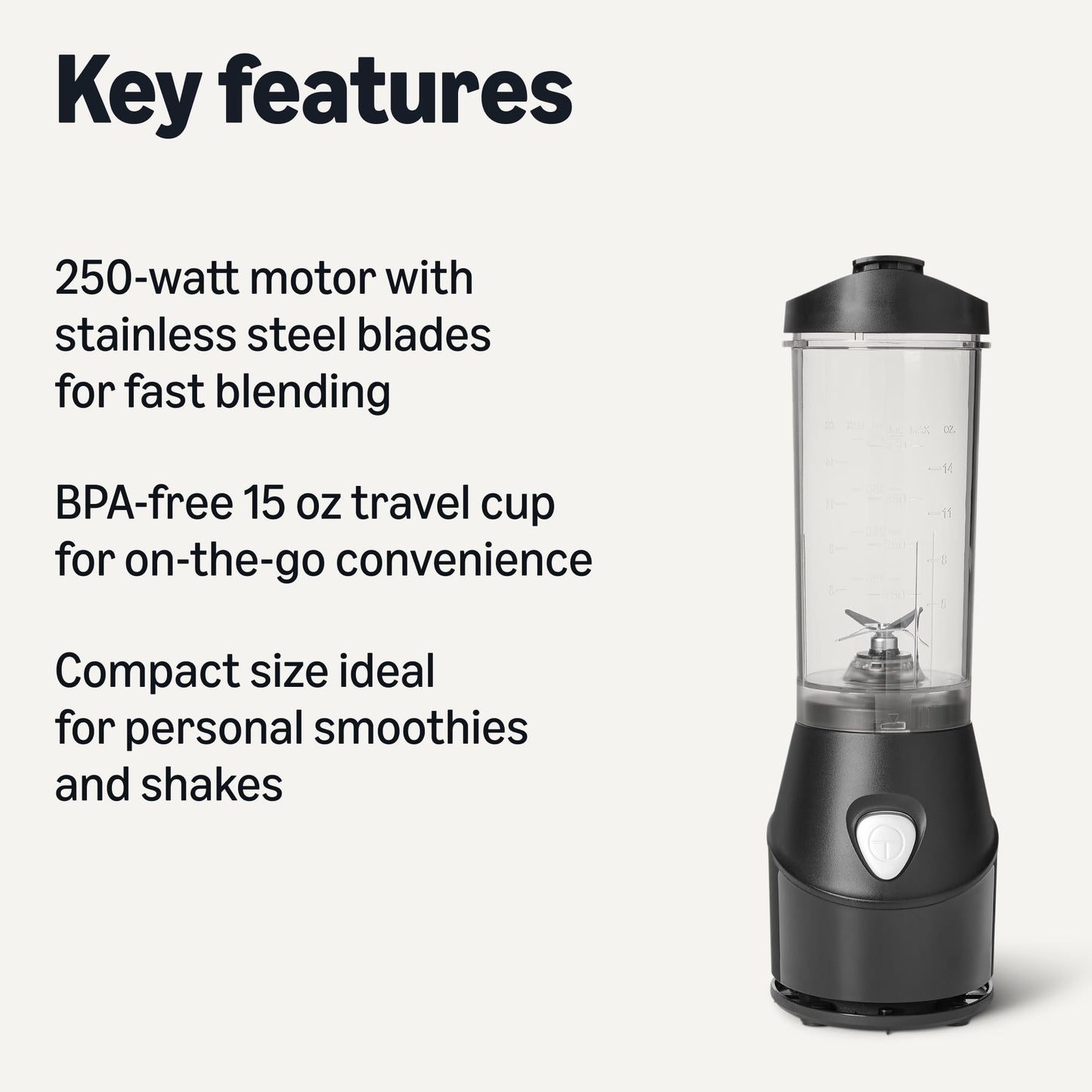Amazon Basics Portable Blender for Smoothies and Shakes with 250W Power,15 Oz BPA Free Travel Cup and Lid, Black