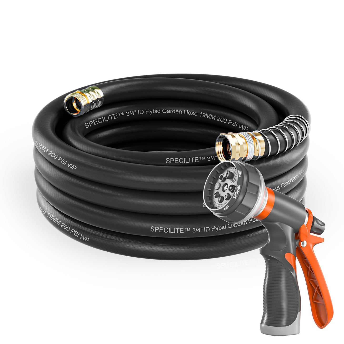 Garden Hose 50 ft x 5/8 in Heavy Duty, Flexible and Lightweight Water Hose, Burst 600 psi, Kink-less Hybrid Rubber Hose for Backyard, 3/4'' Brass Fittings