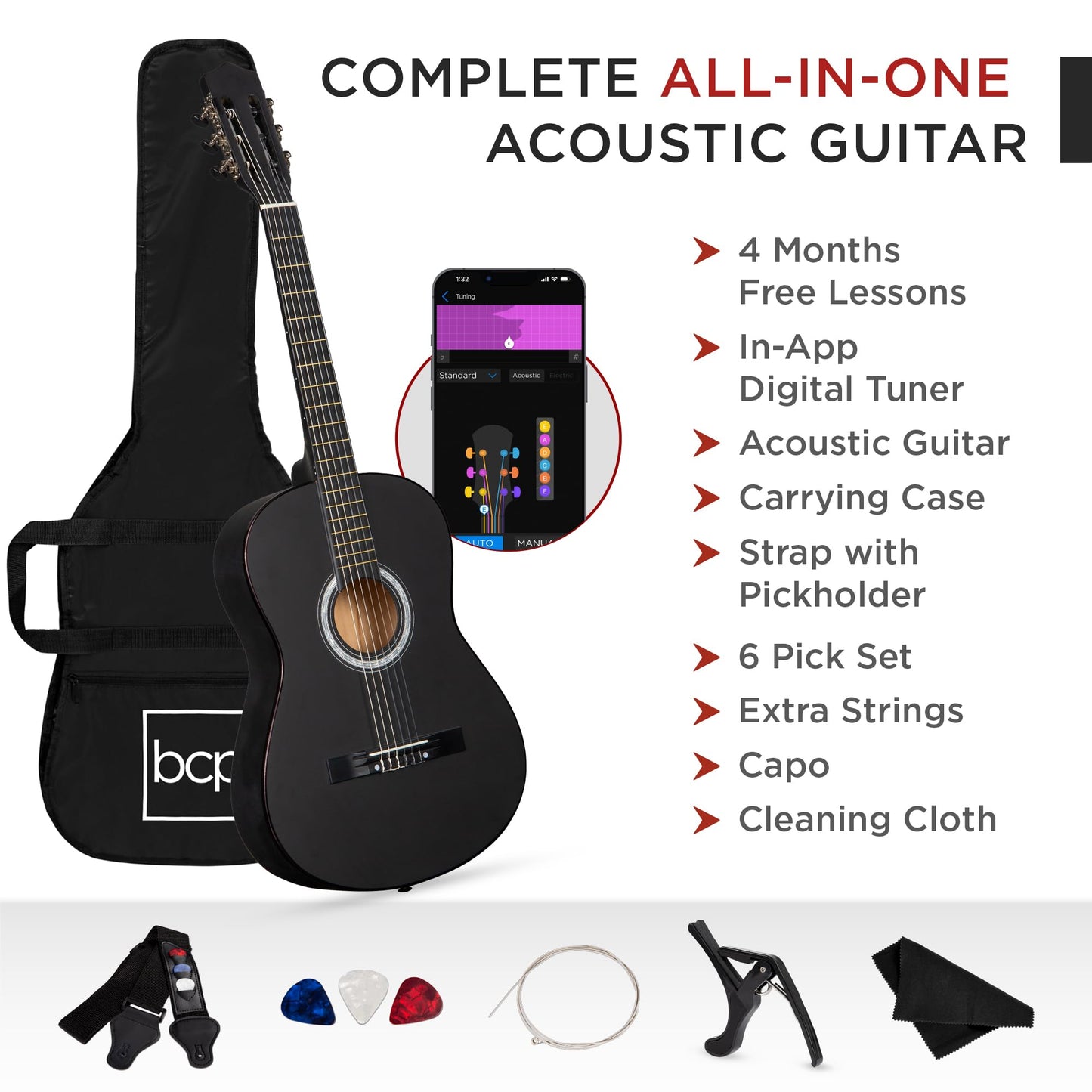 Best Choice Products 38in Beginner All Wood Acoustic Guitar Starter Kit w/Gig Bag, 6 Picks, Nylon Strings, Strap w/Pick Holder - Matte Black