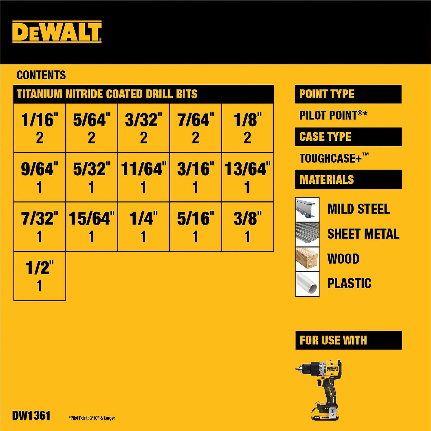 DEWALT Titanium Nitride Coated Drill Bit Set, Pilot Point, 21-Piece (DW1361)