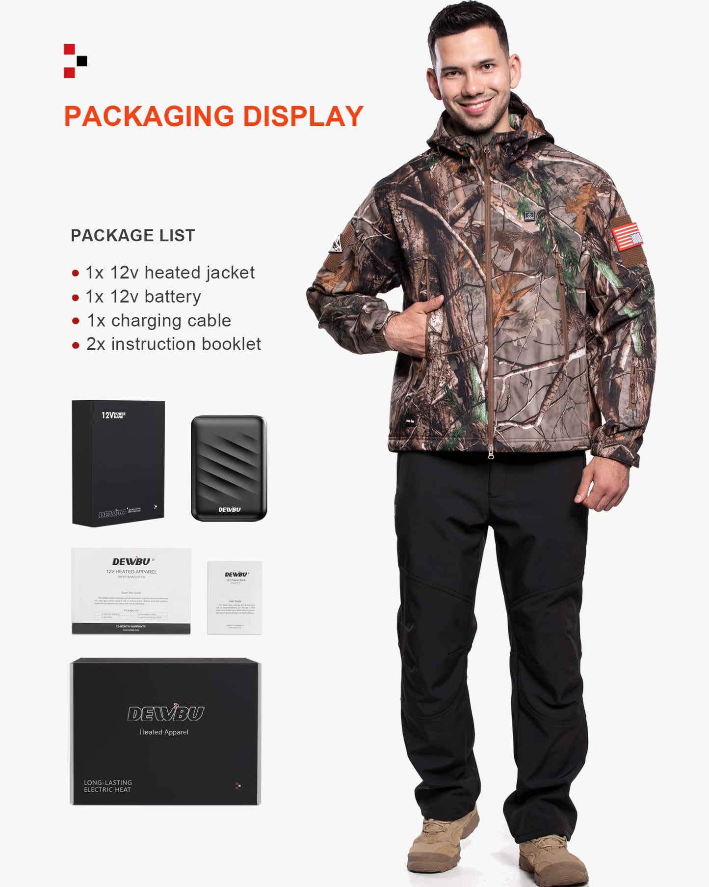 DEWBU Heated Jacket for Men with 12V Battery Pack Winter Outdoor Soft Shell Electric Heating Coat, Men's Tree, 2XL