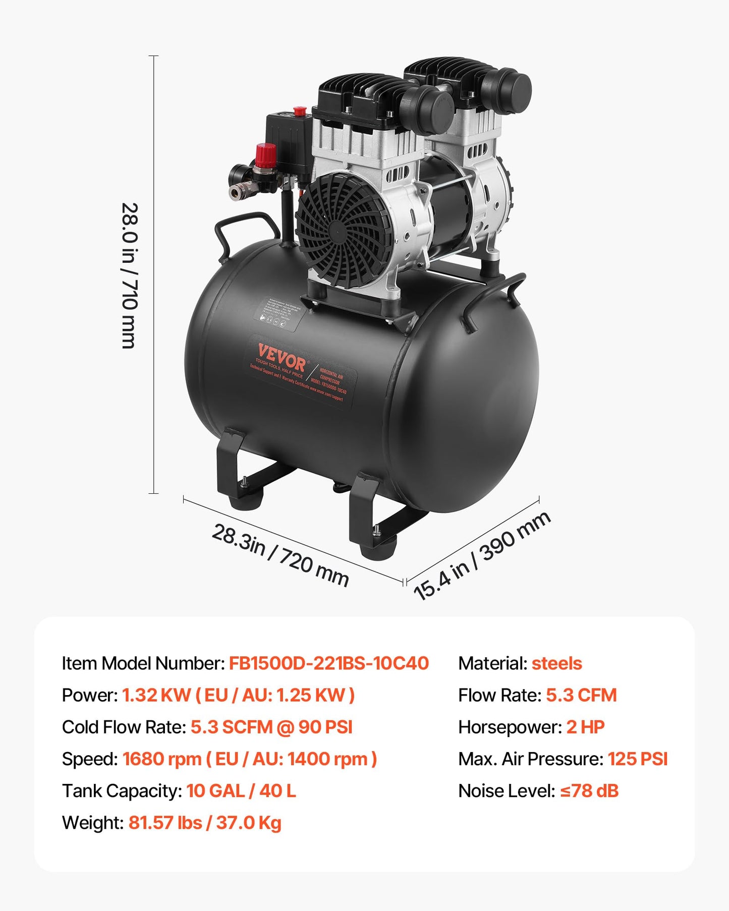 VEVOR 6.3 Gallon Air Compressor, 2 HP 3.35 CFM@90PSI Air Compressors with Max. 116PSI Pressure, Oil Free Compressor Tank for Auto Repair, Tire Inflation, Spray Painting, Woodwork Nailing