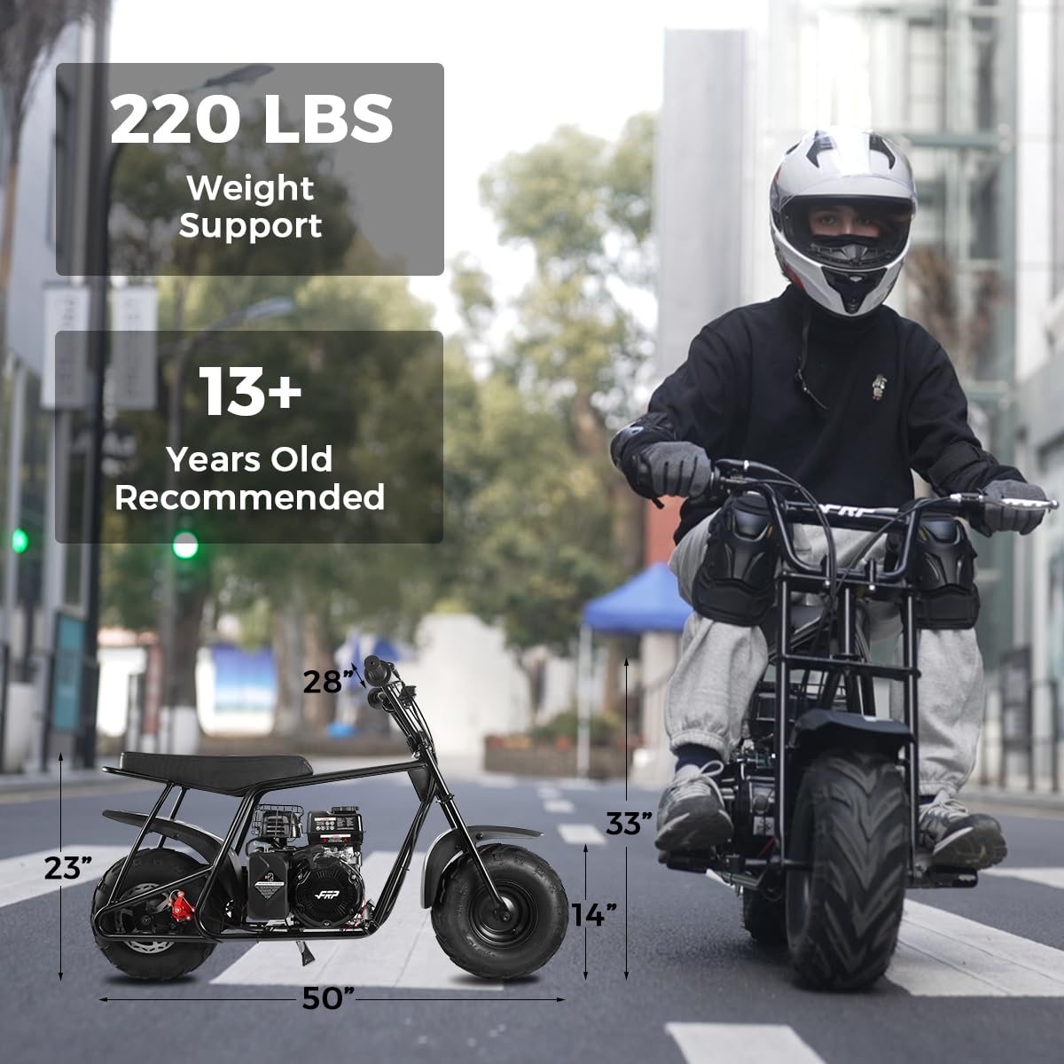 FRP Mini Dirt Bike GMB100 Max, 99CC Gas Powered Mini Bike 4-Stroke,Mini Bikes for Kids/Adult, W/LED Headlight, Goggles, Gloves and Neck Gaiter,Up to 28 Mph, Weight Support Up to 220 LBS (BLACK)