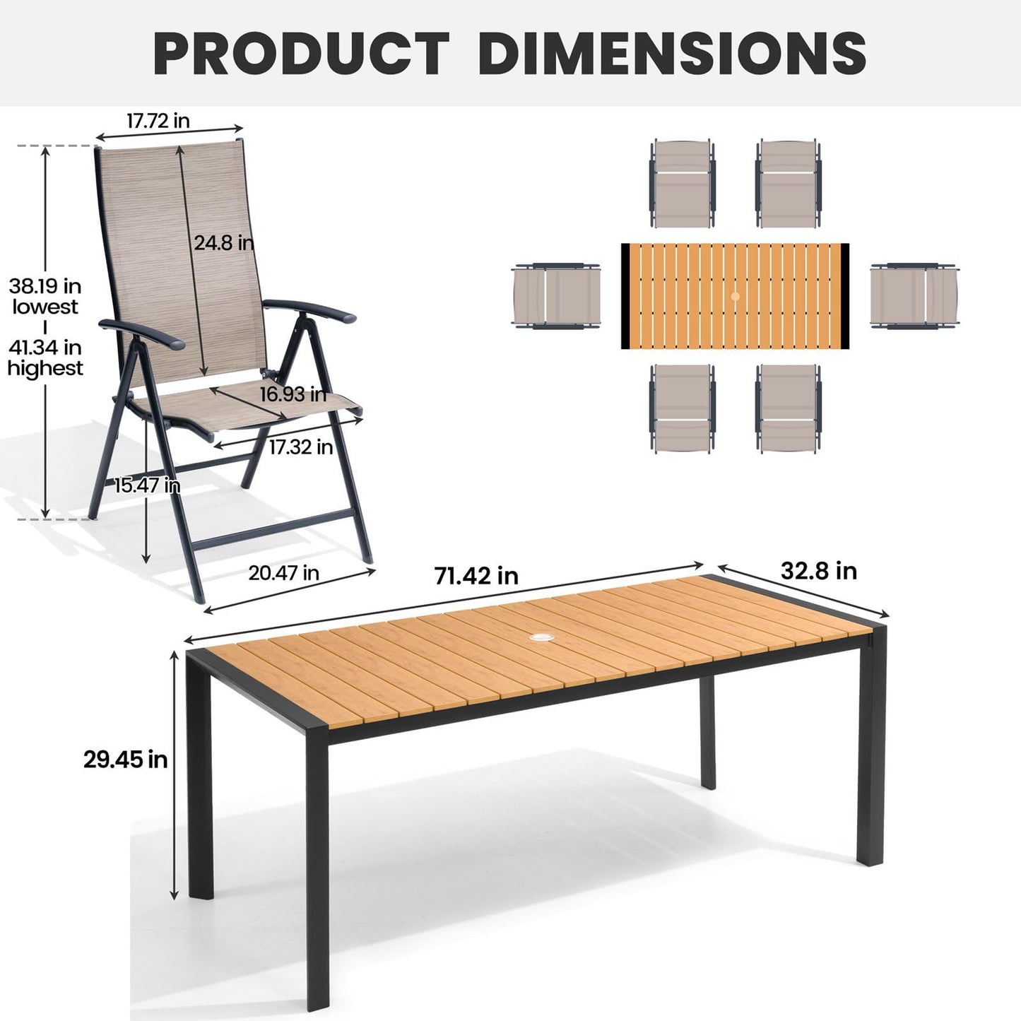 Crestlive Products 7 Pieces Patio Dining Set for 6, Outdoor Table and Folding Dining Chairs 70in Rectangle Aluminum Table with Umbrella Hole Foldable Adjustable High Back Patio Chairs, Grey
