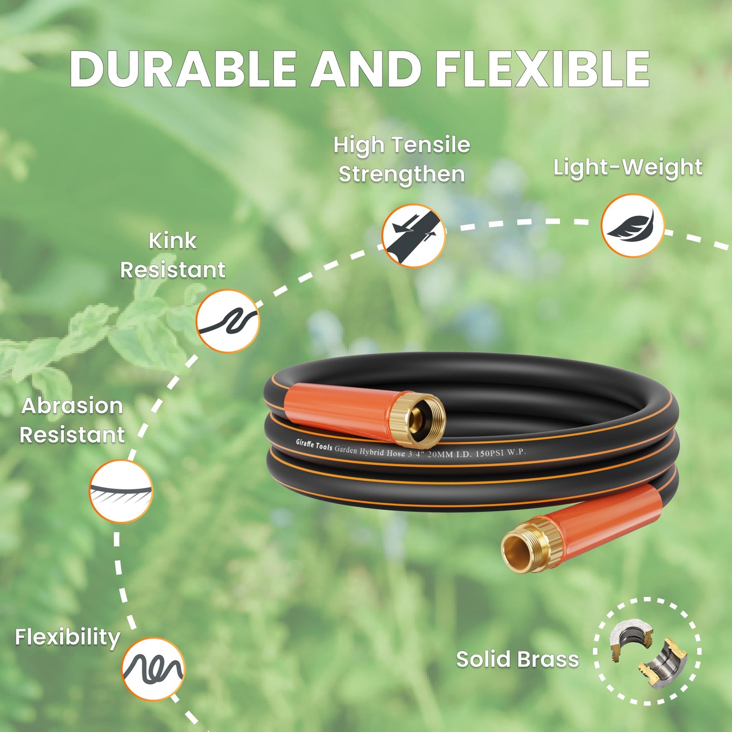 Giraffe Tools Garden Hose 50ft x 5/8", Water Hose Heavy Duty, Flexible, Lightweight Hybrid Hose with Swivel Handle, Male to Female Fittings, Burst 600 PSI