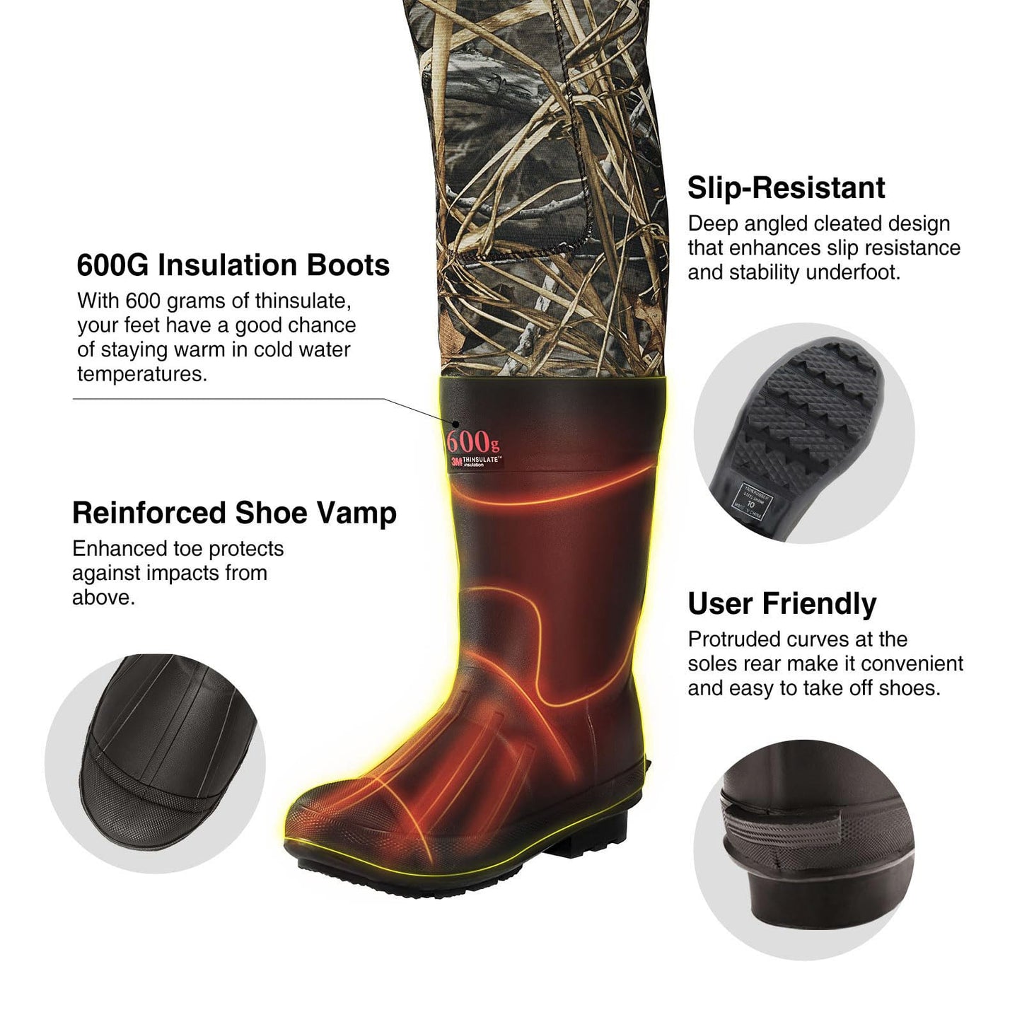 TIDEWE Hunting Waders with Boot Hanger & 600G Insulation, Waterproof Cleated Neoprene Bootfoot Fishing Chest Waders