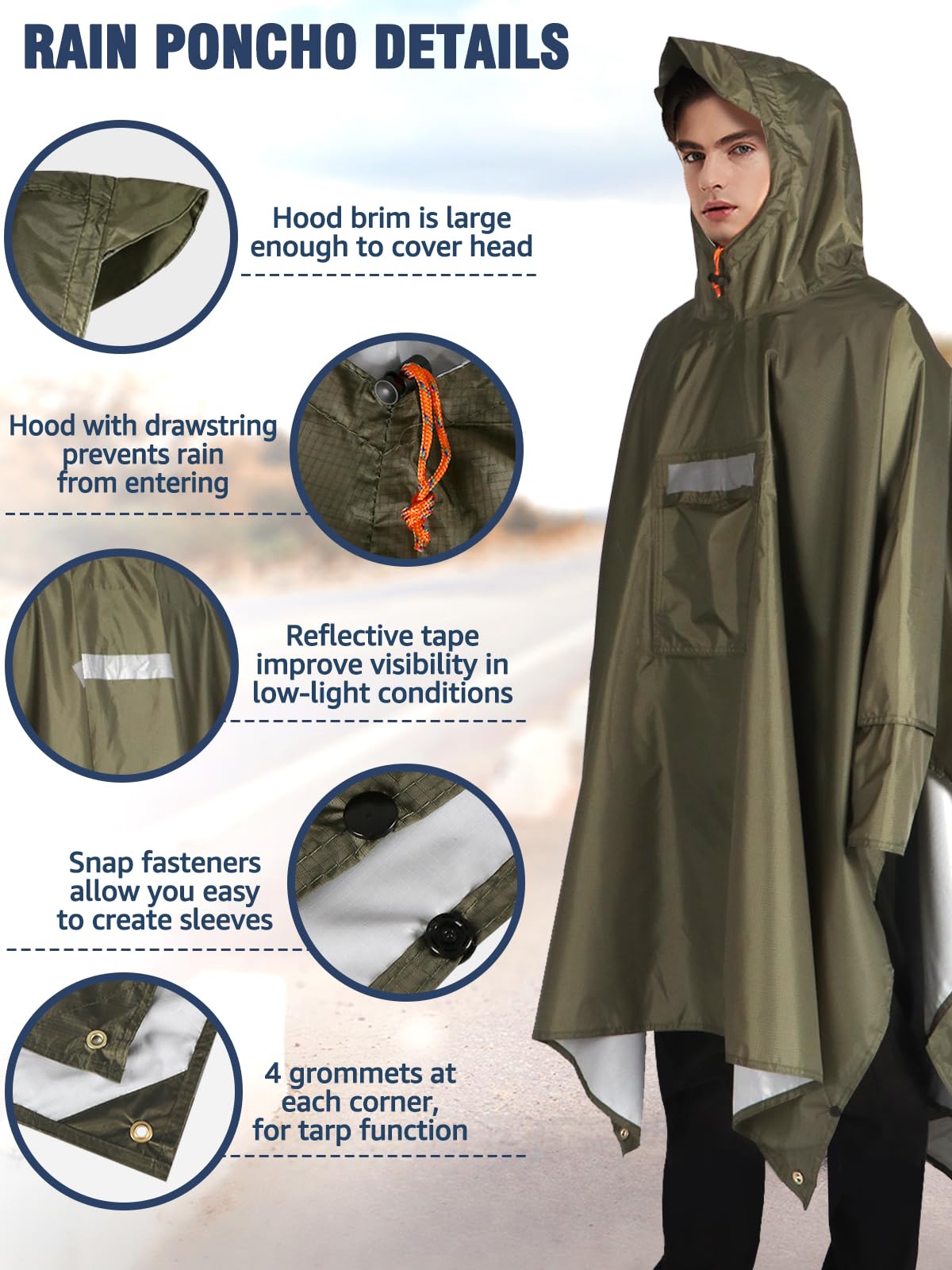 ANYOO Hooded Rain Poncho for Adults Waterproof Lightweight Rain Coat for Men Women Reusable Rain Jacket for Emergency Outdoor
